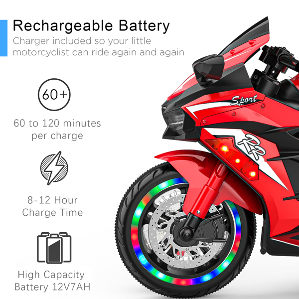 Electric Motorcycle for Kids, 12V Battery Powered Ride on Toys 3 Wheels Motorcycle with LED Lights, Bluetooth Music, Red (No shipping on weekends) (Temu, Walmart  Amazon prohibited)