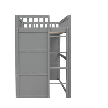 Twin Size House Loft Bed With Ladder-Gray+White Frame