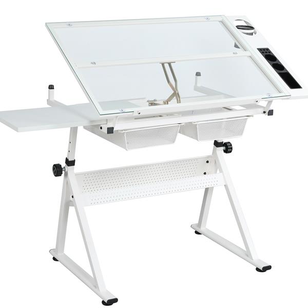 WHITE adjustable tempered glass drafting printing table with chair