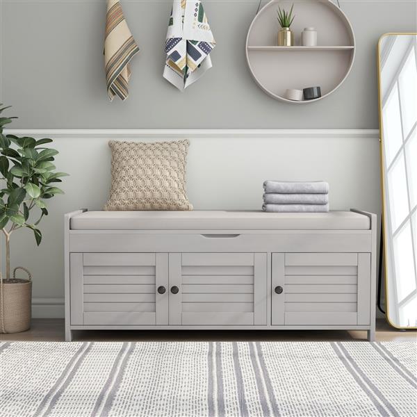 Storage Bench with 3 Shutter-shaped Doors, Shoe Bench with Removable Cushion and Hidden Storage Space (Gray Wash)