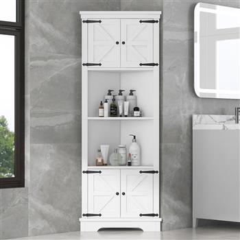 Tall Bathroom Storage Cabinet, Corner Cabinet with Doors and Adjustable Shelf, MDF Board, White