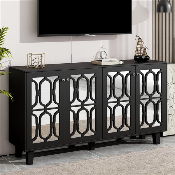 Buffet Cabinet with Adjustable Shelves, 4-Door Mirror Hollow-Carved TV stand for TVs Up to 70'', Multi-functional Console Table with Storage Credenza Cabinet for Living Room, Black