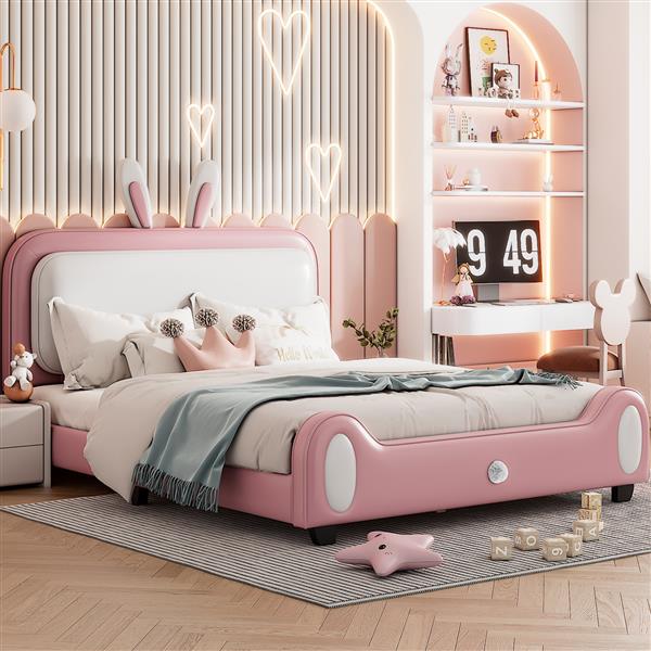 Full size Upholstered Rabbit-Shape Princess Bed ,Full Size Platform Bed with Headboard and Footboard,White+Pink