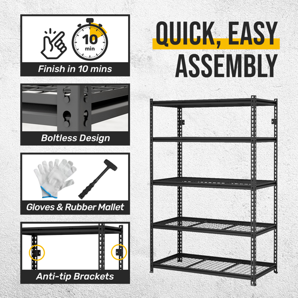 5-Tier  Adjustable Metal Shelving Unit ,Heavy Duty Garage Shelving,Storage Racks,Industrial Utility Shelf,47.2" W x 24 "D x 72''H, Black for Garage, Basement, Warehouse, Workshop,kitchen and so on.