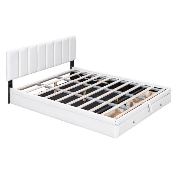 Queen Size Upholstered Bed with Hydraulic Storage System and Drawer, White