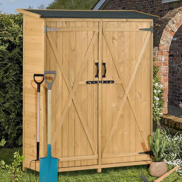 Outdoor 5.3ft Hx4.6ft L Wood Storage Shed Tool Organizer,Garden Shed, Storage Cabinet with Waterproof Asphalt Roof, Double Lockable Doors, 3-tier Shelves for Backyard, Natural