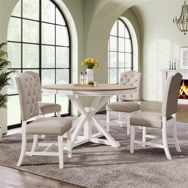 Functional Furniture Retro Style Dining Table Set with Extendable Table and 4 Upholstered Chairs for Dining Room and Living Room (Oak Natural Wood + Off White)