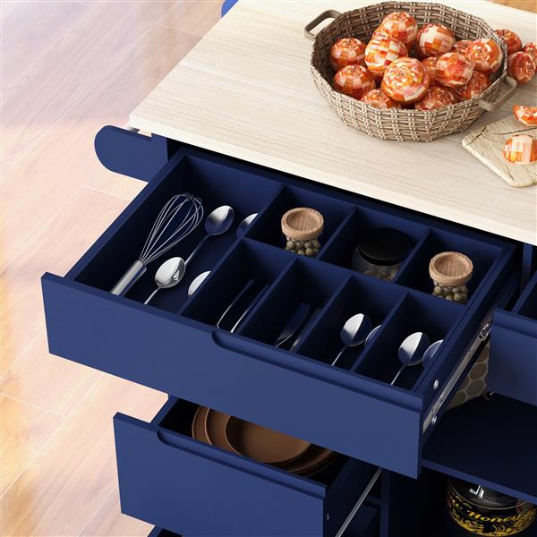 Kitchen Cart with Rubber Wood Countertop , Kitchen Island has 8 Handle-Free Drawers Including a Flatware Organizer and 5 Wheels for Kitchen Dinning Room, Dark Blue