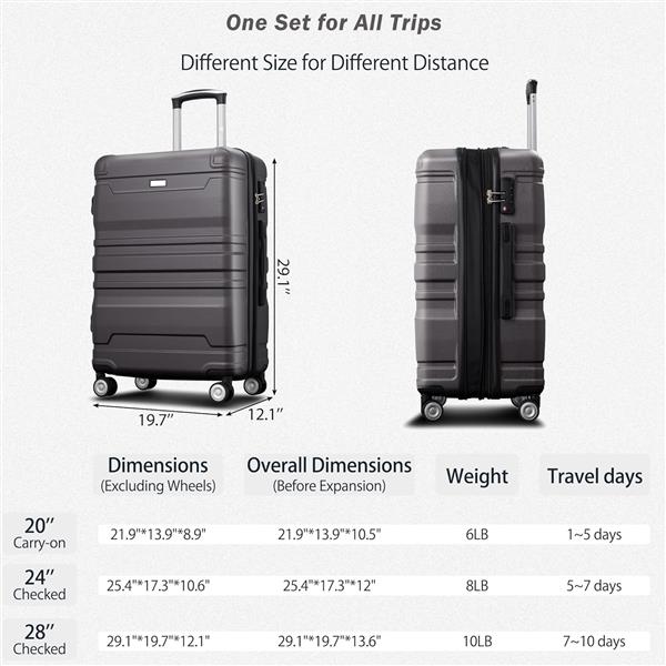 Luggage Sets New Model Expandable ABS Hardshell 3pcs Clearance Luggage Hardside Lightweight Durable Suitcase sets Spinner Wheels Suitcase with TSA Lock 20''24''28''(dark gray)