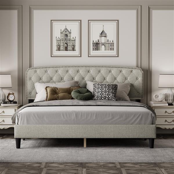 King size Adjustable Headboard with Fine Linen Upholstery and Button Tufting for Bedroom,  Wave Top  cream White