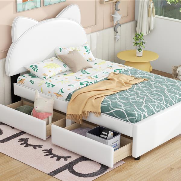 Twin Size Upholstered Platform Bed with Cartoon Ears Shaped Headboard and 2 Drawers, White