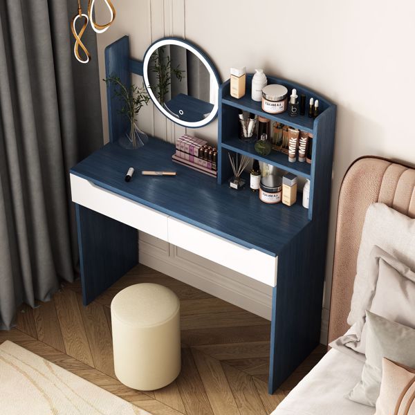 Table Set with HD Mirror Cushion Stool and Large Drawers Mini Makeup Dressing Desk Furniture for Apartment Bedroom/Girls Gift Blue 