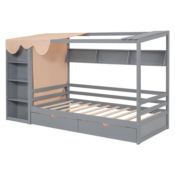 Twin size House Bed with Two Drawers and Wardrobe,Gray