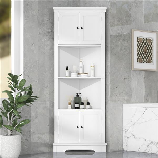 Tall Bathroom Storage Cabinet, Corner Cabinet with Doors and Adjustable Shelf, MDF Board, White