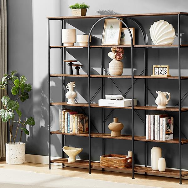 6 Tier Bookcase Home Office Open Bookshelf, Vintage Industrial Style Shelf with Metal Frame, MDF Board, Brown