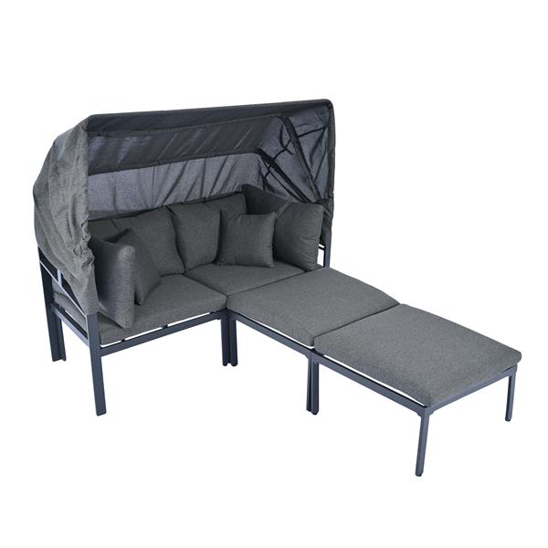 3-Piece Patio Daybed with Retractable Canopy Outdoor Metal Sectional Sofa Set Sun Lounger with Cushions for Backyard, Porch, Poolside,Grey