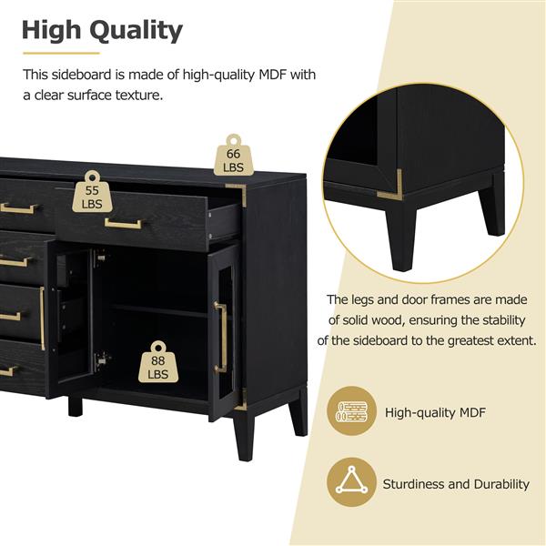 6-drawer and 2-Cabinet Retro Sideboard with Extra Large Storage Space, with ld Handles and Solid Wood Legs, for Kitchen and Living Room (Black)