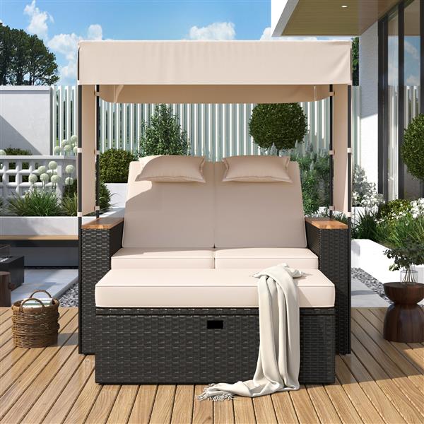 2-Piece Rattan Outdoor Patio Bench Lounge Roof Set, Effective UV Protection Fabric & Waterproof Cushions and Adjustable Backrest for Garden, Backyard and Porch (Brown Wicker + Beige Fabric)