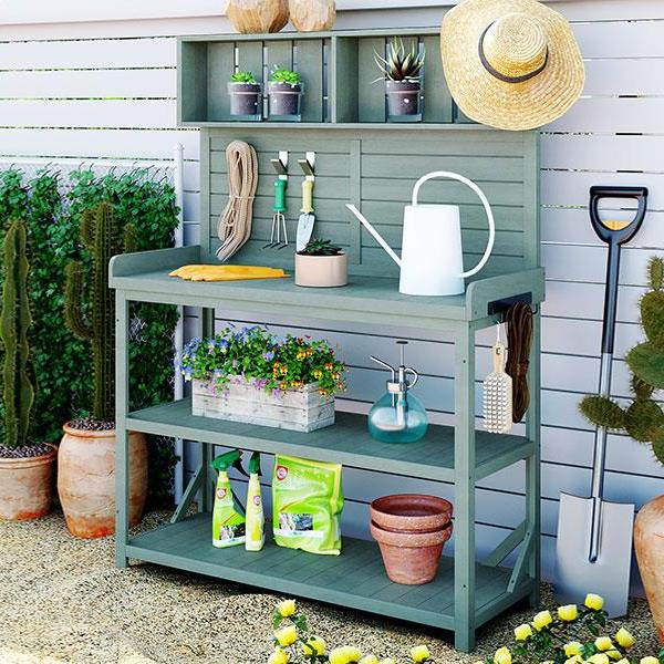 65" Large Wooden Farmhouse Rustic Outdoor Potting Bench Table, Patio Workstation, Garden Potting Bench with 4 Storage Shelves and Side Hook,Green