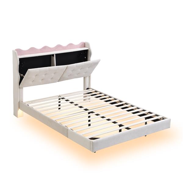 Full Size Upholstery Platform Bed Frame with LED Light Strips,Headboard Storage Space and Two USB Charging Deisgn,Beige