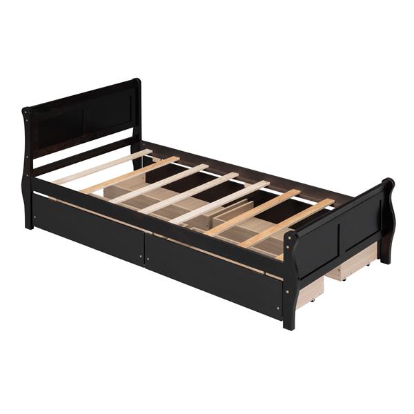 Twin Size Wood Platform Bed with 4 Drawers and Streamlined Headboard & Footboard, Espresso