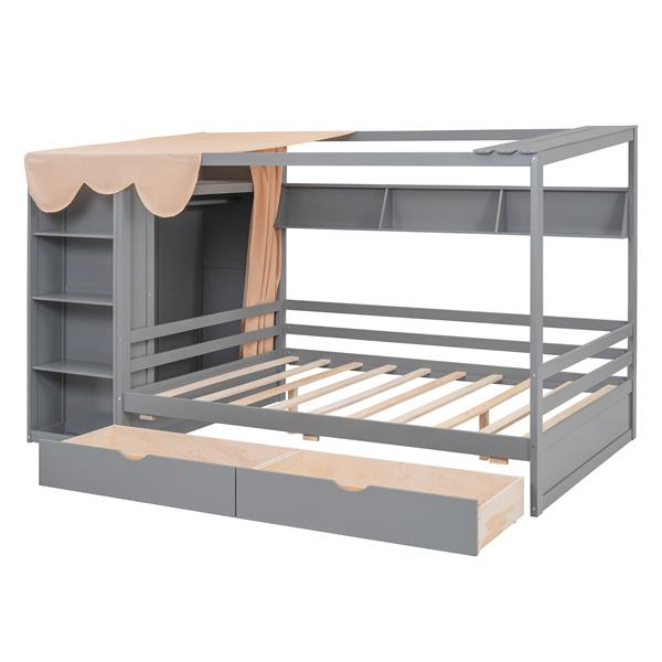 Full size House Bed with Two Drawers and Wardrobe,Gray