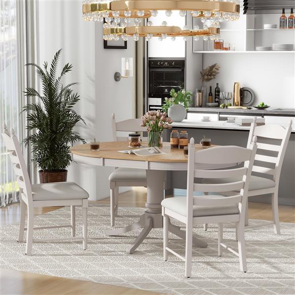 5-Piece Retro Functional Dining Table Set Wood Round Extendable Dining Table and 4 Upholstered Dining Chairs (Off White)