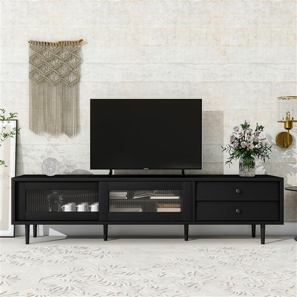 Chic Elegant Design TV Stand with Sliding Fluted Glass Doors, Slanted Drawers Media Console for TVs Up to 75", Modern TV Cabinet with Ample Storage Space, Black