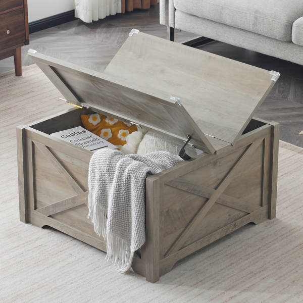 Farmhouse Coffee Table, Square Wood Center Table with Large Hidden Storage Compartment for Living Room, Rustic Cocktail Table with Hinged Lift Top for Home, Rustic Gray