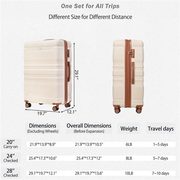 Luggage Sets New Model Expandable ABS Hardshell 3pcs Clearance Luggage Hardside Lightweight Durable Suitcase sets Spinner Wheels Suitcase with TSA Lock 20''24''28''(Beige and Brown)