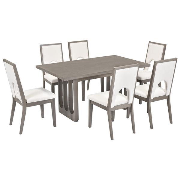 Wood Dining Table Set for 6, Farmhouse Rectangular Dining Table and 6 Upholstered Chairs Ideal for Dining Room, Kitchen (Grey+Beige)