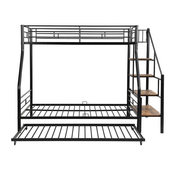 Twin over Full Size Metal Bunk Bed with Trundle and Storage Staircase, Black