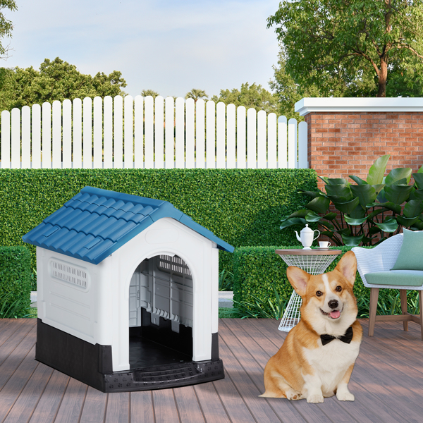 26 inch Plastic Dog House, Indoor Outdoor Doghouse Pet House with Air Vents and Elevated Floor, Insulated Water Resistant Puppy Shelter Kennel for Small Dogs, Blue & White