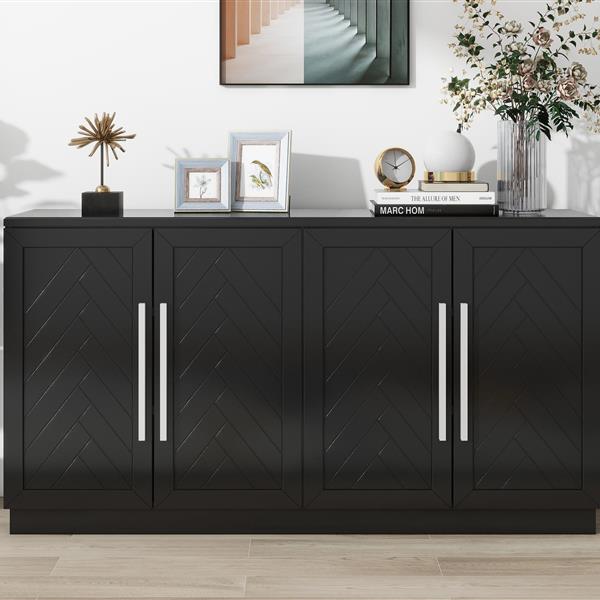 Sideboard with 4 Doors Large Storage Space Buffet Cabinet with Adjustable Shelves and Silver Handles for Kitchen, Dining Room, Living Room (Black)