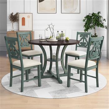 5-Piece Round Dining Table and 4 Fabric Chairs with Special-shaped Table Legs and Storage Shelf (Antique Blue/ Dark Brown)