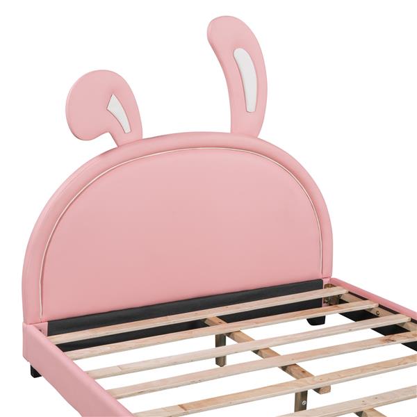 Full Size Upholstered Leather Platform Bed with Rabbit Ornament, Pink