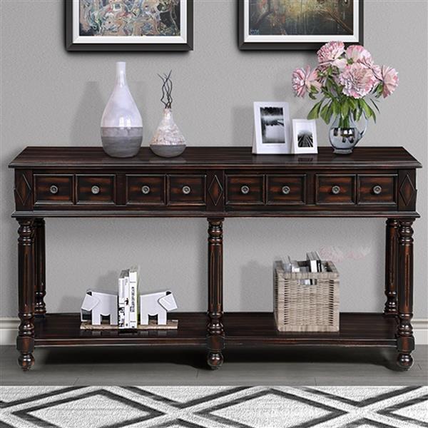 Retro Console Table Entryway Table 58" Long Sofa Table with 2 Drawers in Same Size and Bottom Shelf for Storage (Distressed Black)