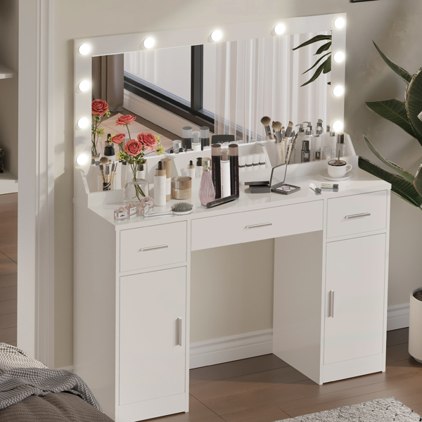 47.2"Vanity Desk with Large Mirror, 3 Colour Lighting Modes, Adjustable Brightness, Dresser with 3 Drawers & 2 Vertical Cabinets, Makeup Vanity Table for Women & Girls (White) 