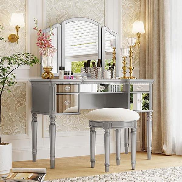 43" Dressing Table Set with Mirrored Drawers and Stool, Tri-fold Mirror, Makeup Vanity Set for Bedroom, Silver