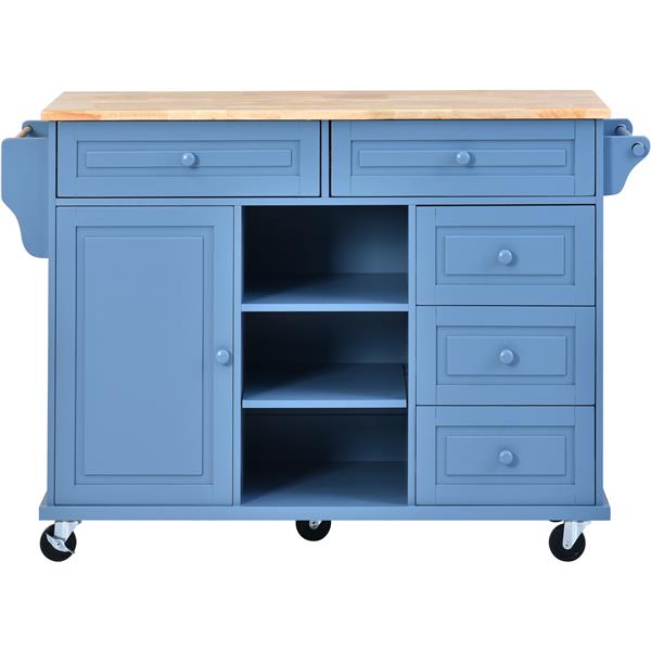 Kitchen cart with Rubber wood desktop rolling mobile kitchen island with storage and 5 draws 53 Inch length (Blue)