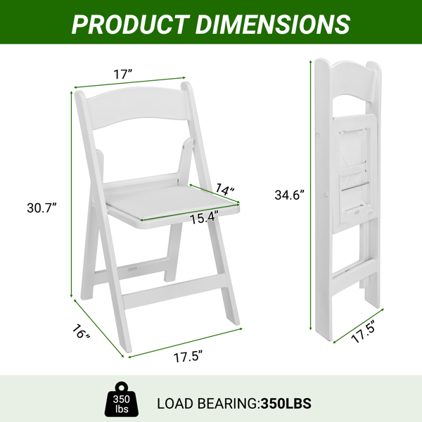 4 Pack Folding Chairs, Resin Chairs with Padded Seat, Comfortable Event Chairs Indoor Outdoor for Home Event Party Picnic School Wedding, White