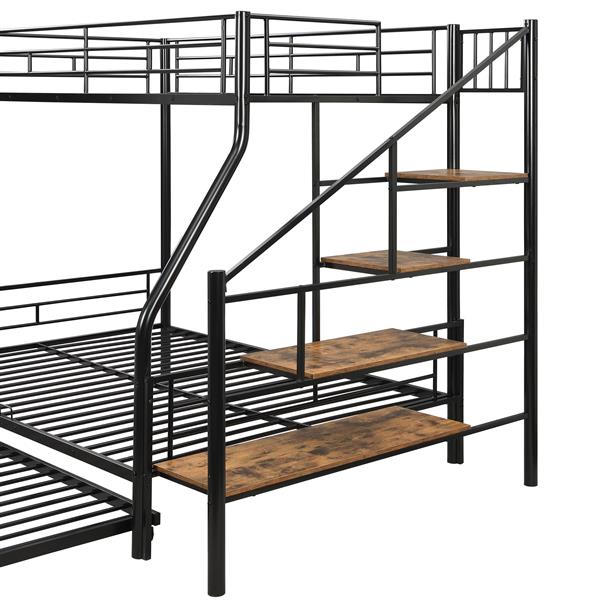 Twin over Full Size Metal Bunk Bed with Trundle and Storage Staircase, Black