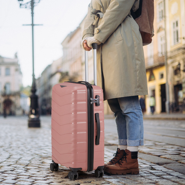 FCH V-shaped stripe 2-piece set with PP handbag PP trolley case 14in 20in PP iron trolley fashionable color - rose gold (grain pattern)