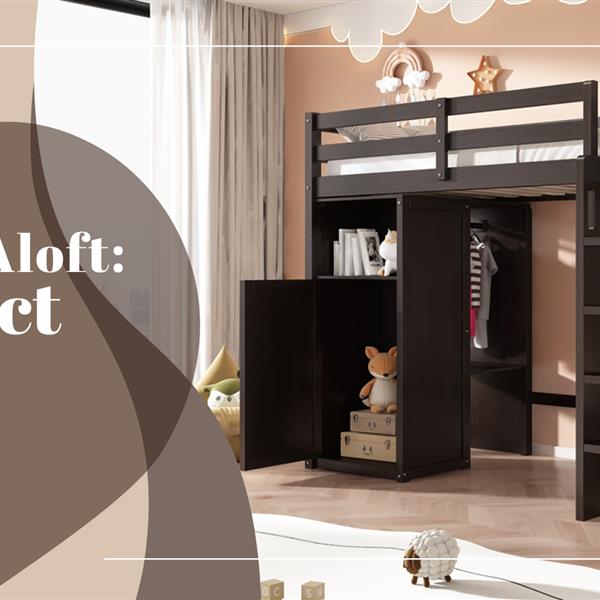 Twin Loft Bed with Wardrobe, Storage Shelves and Ladder, Espresso