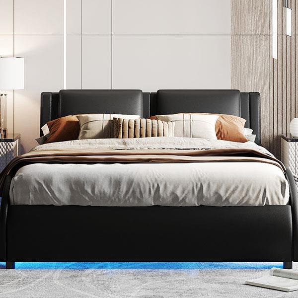 Queen Size Upholstered Faux Leather Platform Bed with LED Light Bed Frame with Slatted - Black