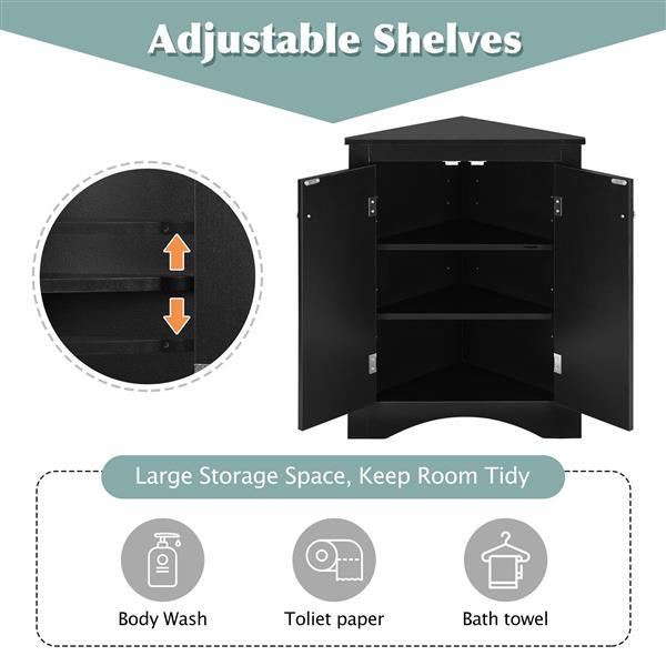 Black Triangle Bathroom Storage Cabinet with Adjustable Shelves, Freestanding Floor Cabinet for Home Kitchen