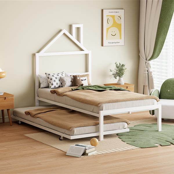 Twin Size Metal Platform Bed with twin size trundle,House-Shaped Headboard Design, White