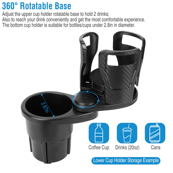 Dual Cup Holder Expander for Car, 2 in 1 Multifunctional Car Cup Holder Extender with Adjustable Base All Purpose for 360° rotatable base of the upper cup holder with Most Cars