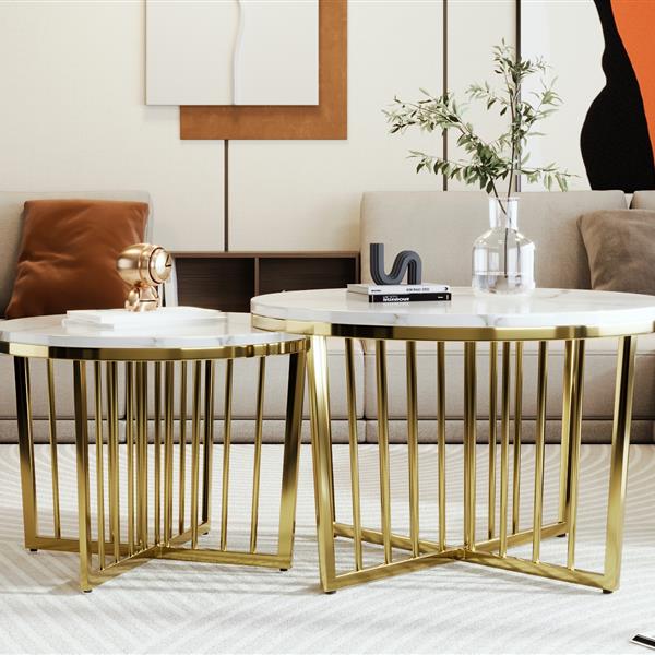 Modern Round Nesting Coffee Table Set 2-Piece White & Marbling Top Gold Base