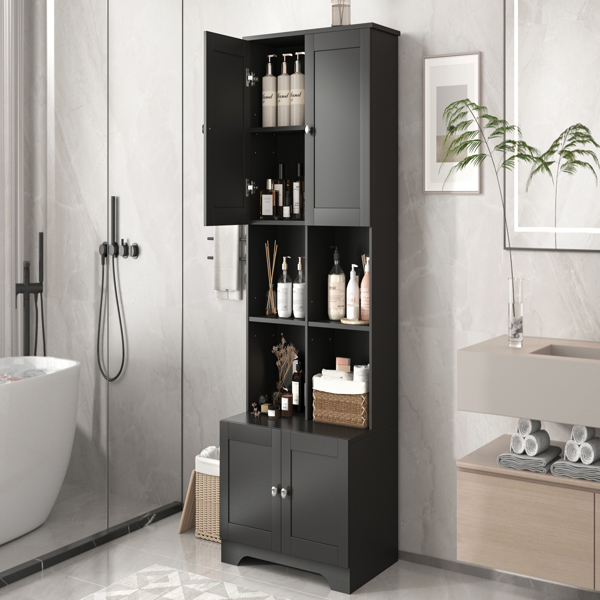 Tall and Wide Bathroom Floor Storage Cabinet, Bathroom Storage Unit, Freestanding Cabinet with 4 Doors, Adjustable Shelves, Open multi-layer Shelves, Black 